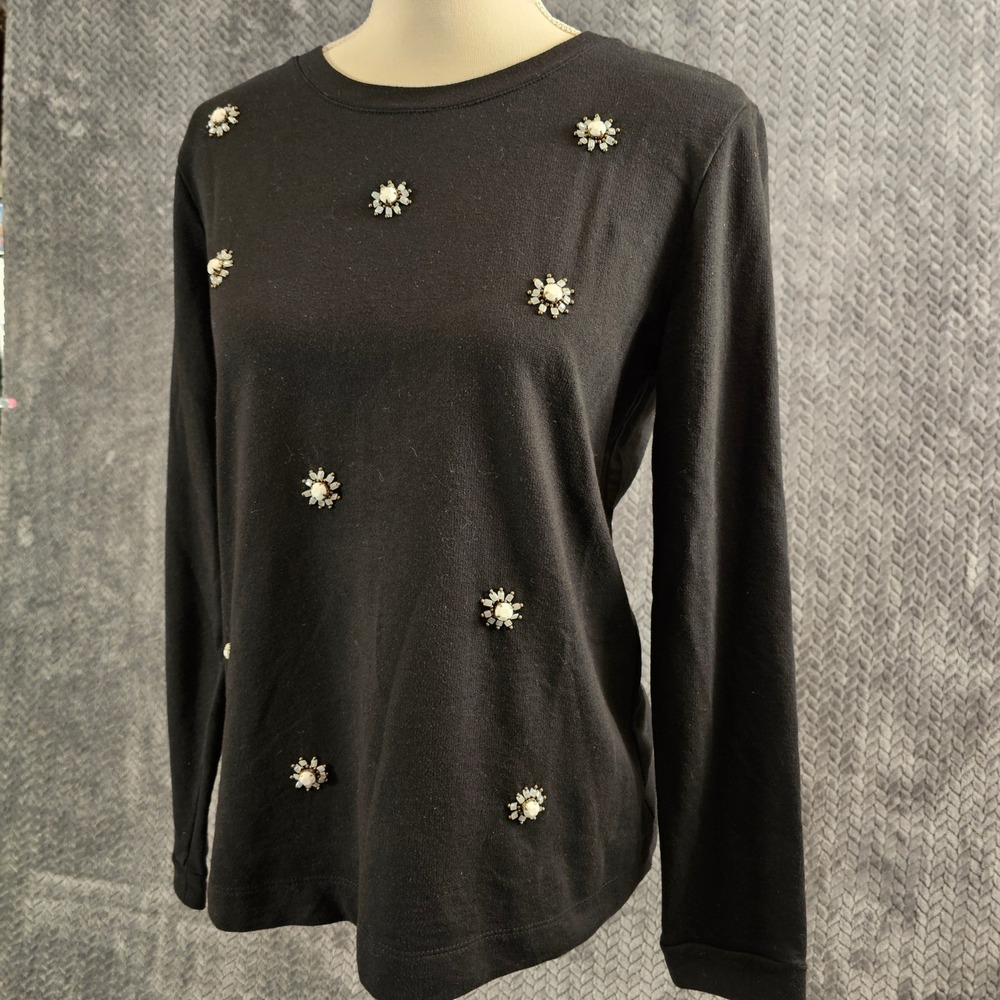 Banana Republic Black Long Sleeve‎ Crewneckshirt Embellished Pearl Rhinestone M
